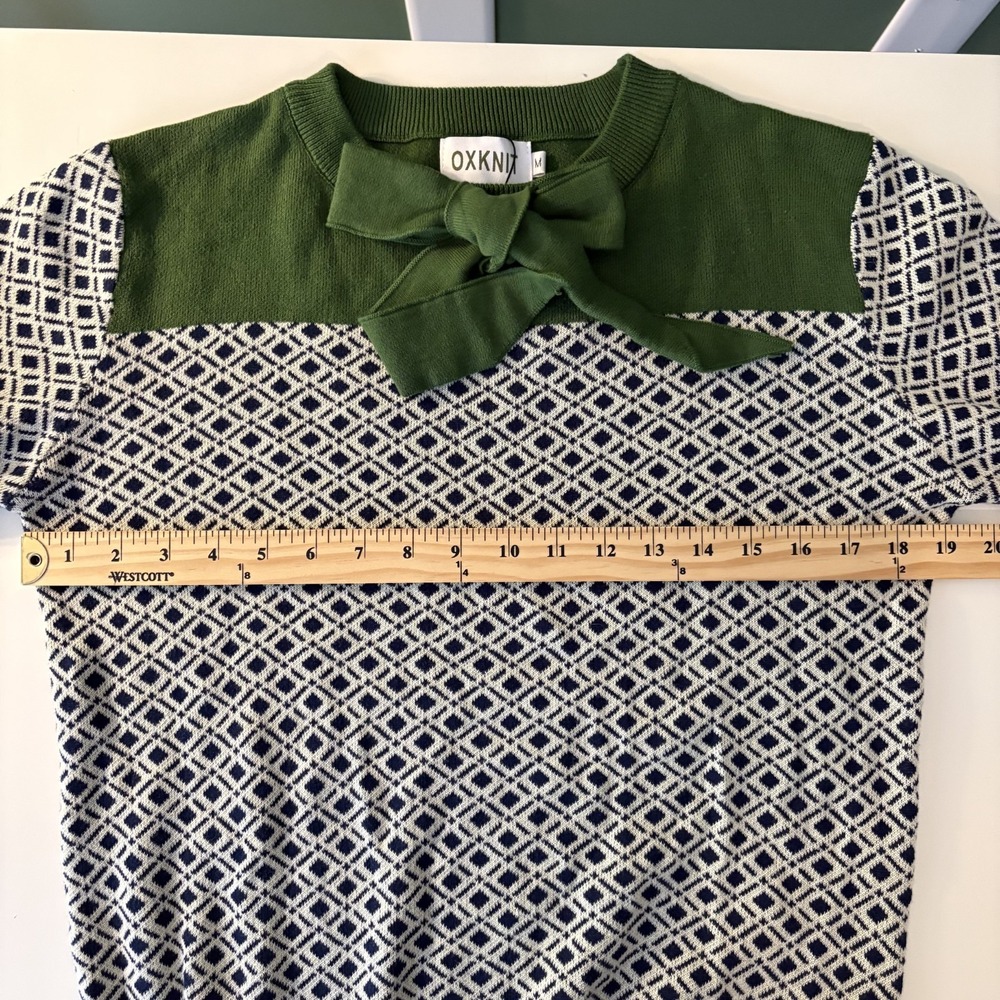 NWT OXKNIT 100% Cotton Green Patterned Bow Neck Knit Sweater Size M Preppy Twee - Picture 9 of 10